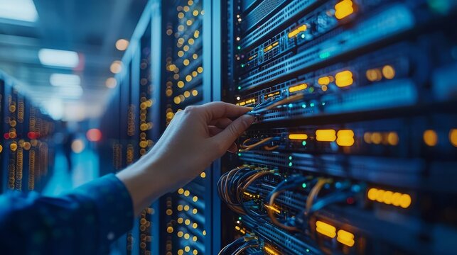 Data Engineer Hands adjusting server racks and cables in a data center, representing data infrastructure setup