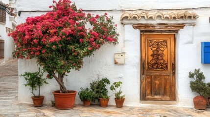 Charming Mediterranean Courtyard with Blooming Bougainvillea Tree