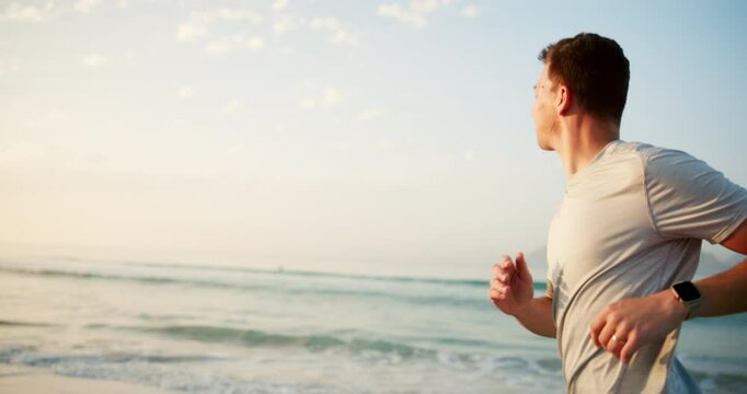 Running, health and sunset with man and beach for start of training, fitness and freedom. Race, exercise and marathon cardio with male runner in nature for workout, energy and sports performance