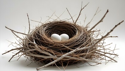 an abandoned nest featuring a circular shape, constructed from dry branches and grass, resting on a white background, highlighted by gentle lighting create with ai