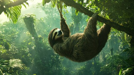 Naklejka premium Sloth hanging from a branch in the jungle created with Generative AI