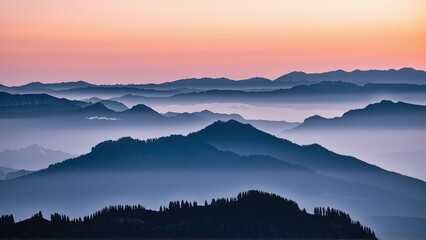 Fototapeta premium Generative AI, Minimalist Aerial View of Serene Mountain Ranges with Soft Cloud Layers