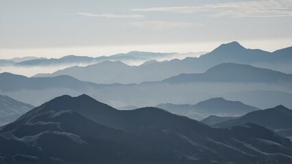 Fototapeta premium Generative AI, Minimalist Aerial View of Serene Mountain Ranges with Soft Cloud Layers