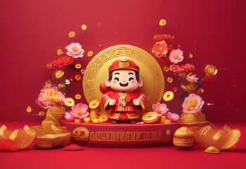 A cartoon character wearing a traditional Chinese outfit stands on a pedestal surrounded by gold coins, flowers, and lanterns against a red background.