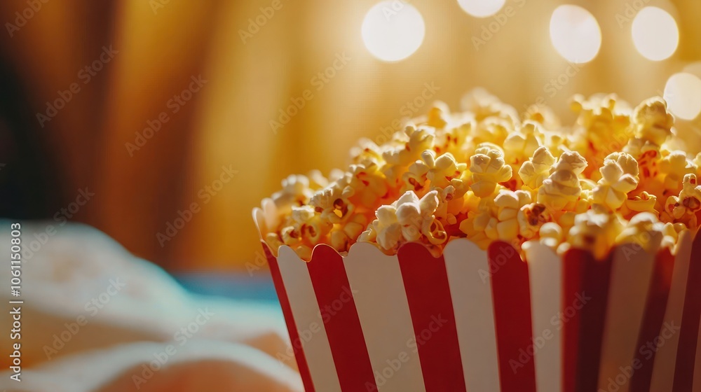 Poster close-up of a red and white striped popcorn bucket with a blurred background of yellow string lights