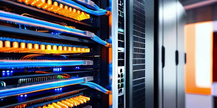 Close-up view of a server rack with blue and orange cables plugged in.