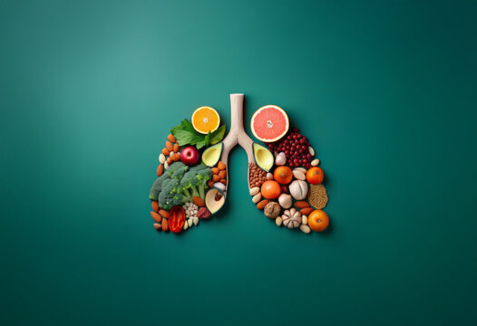A pair of lungs are formed with fresh fruit, vegetables, nuts and spices on a teal background. - Powered by Adobe