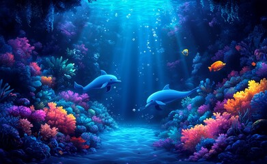 Naklejka premium Aquatic life is vibrant under the sea, with colourful fish and dolphins swimming around coral reefs