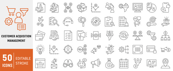 Customer acquisition management line editable icon set. Containing Icons: Conversion, pipeline, lead generation, retention, sales funnel and more. Vector illustration