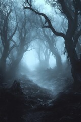Dark forest with fog. Halloween theme background.