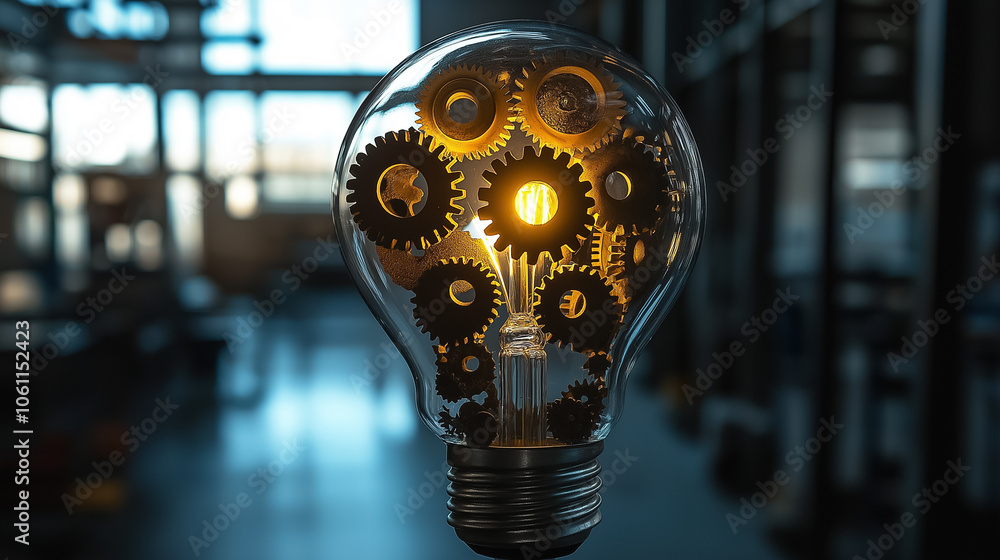 Poster a display of gears inside a glowing light bulb symbolizes innovation and the spark of ideas in a mod