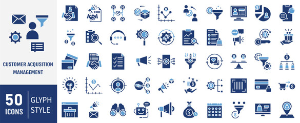 Customer acquisition management icon set. Containing conversion, pipeline, lead generation, retention, sales funnel icon. Simple flat vector.