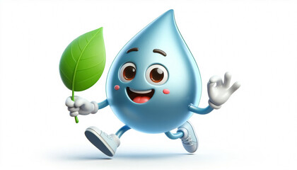 Funny water drop cartoon with a leaf. Environment, sustainability and ecology concept