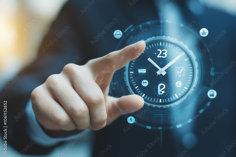 Poster a person is interacting with a digital clock interface, with a finger pointing at the 23