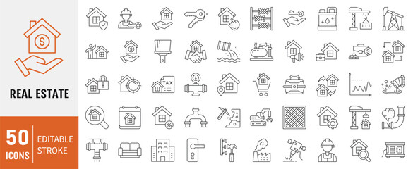 Real Estate icon set. Containing to real estate, transactions, types of real estate, amenities, and other. Vector illustration.