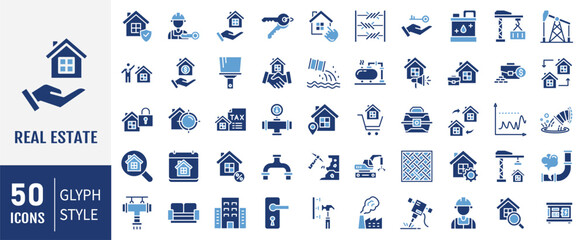 Naklejka premium Real Estate icon set. Containing to real estate, transactions, types of real estate, amenities, and other. Simple flat vector illustration.