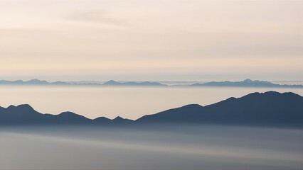 Generative AI, Minimalist Aerial View of Serene Mountain Ranges with Soft Cloud Layers