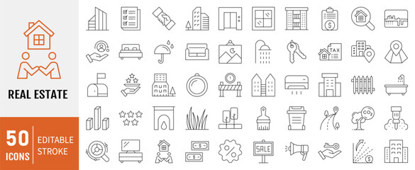Real Estate icon collection set. Containing to real estate, transactions, types of real estate, amenities, interiors and other. Simple line vector illustration.