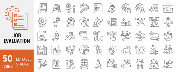 Job evaluation icon collection. Containing analysis, business, systematic, value, organization, gathering information icon. Simple line vector illustration.