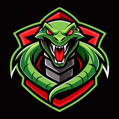 Dynamic snake esports logo featuring a fierce green snake with sharp fangs on a bold black background