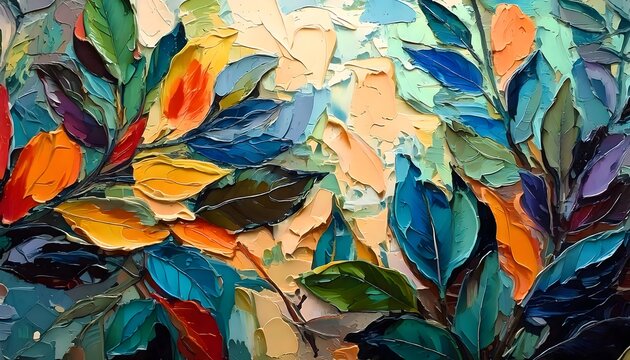 Leaves of exotic leaves in the background. Closeup of colorful leaves on oil canvas. Abstract rough oil strokes with leaves seamless pattern, impasto oil painting, thick strokes of bright colors