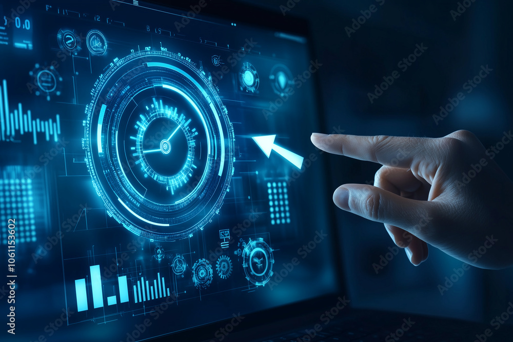 Poster A hand interacts with a digital interface, pointing at a clock icon on a glowing screen
