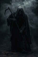 Fototapeta premium Grim reaper with scythe. Halloween theme poster.