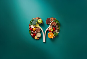 A stylized kidney shape is created with a variety of healthy foods.