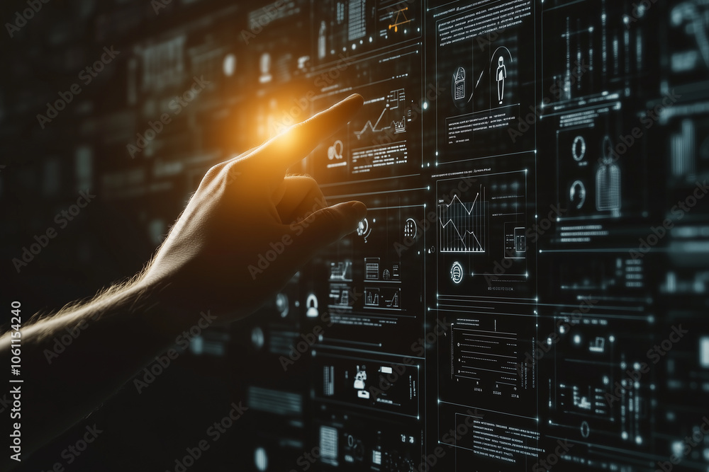 Aufkleber A hand interacts with a glowing digital screen, navigating through a complex network of data visualizations