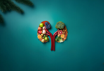 A healthy kidney shaped from assorted fruits and vegetables with green pine branch in the upper left corner.