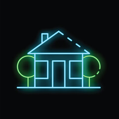 Neon sign is glowing in the night, depicting a house with trees, perfect for themes such as real estate or construction