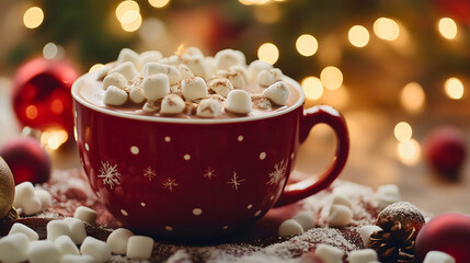 Cup of hot chocolate with marshmallows and whipped cream in a cozy winter setting; festive drink perfect for Christmas mornings, warmth and sweetness holiday season, delicious homemade sweet dessert