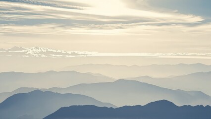 Fototapeta premium Generative AI, Minimalist Aerial View of Serene Mountain Ranges with Soft Cloud Layers