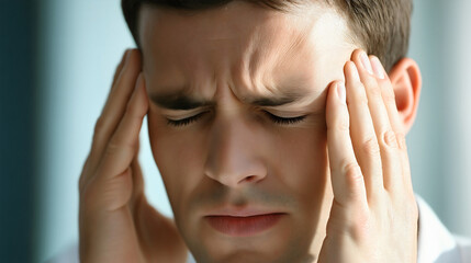 Fototapeta premium Man with headache, head pain, tired from stress, migraine, frustration, worried and unhappy adult experiencing severe health issues