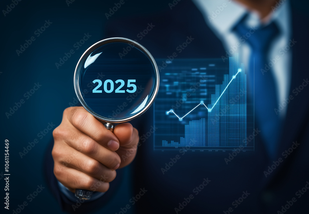 Poster a person is holding a magnifying glass over the year 2025 while looking at a chart showing upward gr