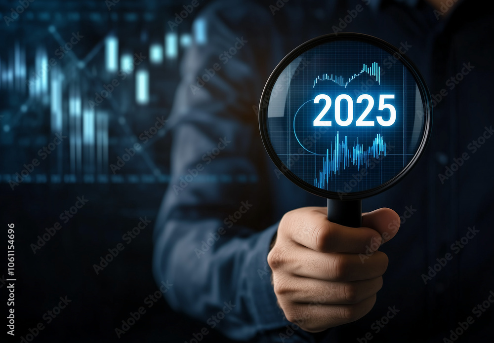 Poster A hand holds a magnifying glass focused on a graph with the number 2025 highlighted