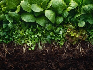 Fresh Leafy Greens with Exposed Roots A Vibrant Display of Nature's Bounty and Earthy Nutrition Healthy Eating, Organic Produce, Garden Fresh, Vitamins and Minerals, Sustainable Agriculture