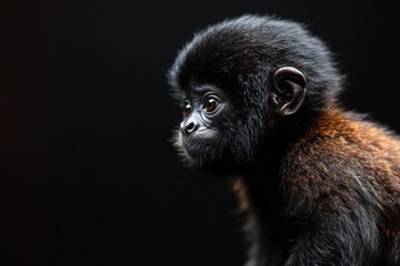 Fototapeta premium the beside view baby Howler Monkey primate standing, left side view, low angle, white copy space on right, Isolated on black Background