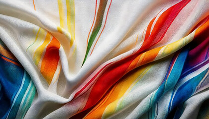 A background texture featuring multicolored lines on white crumpled and creased fabric.