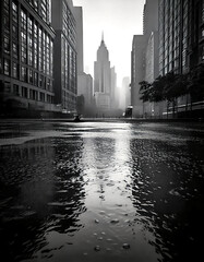 A cityscape with the silhouette of a building reflected on the water surface on a rainy day, captured in a black and white photograph