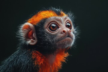 Fototapeta premium Mystic portrait of baby Tamarin primate in studio, copy space on right side, Headshot, Close-up View, isolated on black background