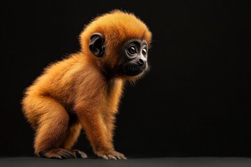 Obraz premium the beside view baby Howler Monkey primate standing, left side view, low angle, white copy space on right, Isolated on black Background