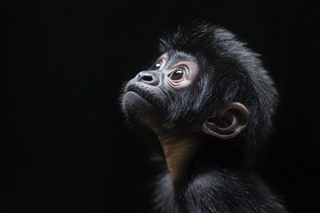 Obraz premium the beside view baby Howler Monkey primate standing, left side view, low angle, white copy space on right, Isolated on black Background