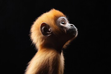 Fototapeta premium the beside view baby Howler Monkey primate standing, left side view, low angle, white copy space on right, Isolated on black Background