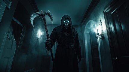 Fototapeta premium Grim reaper with scythe. Halloween theme poster.
