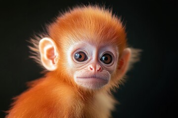 Obraz premium Mystic portrait of baby Kapusin primate in studio, copy space on right side, Headshot, Close-up View, isolated on black background