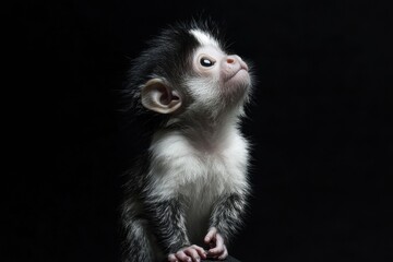 Naklejka premium the beside view baby Tamarin primate standing, left side view, low angle, white copy space on right, Isolated on black Background
