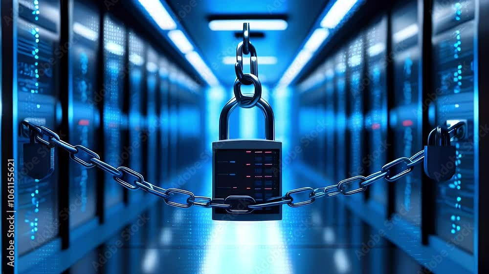 Poster a large padlock and chain in front of a server room with blue lights.