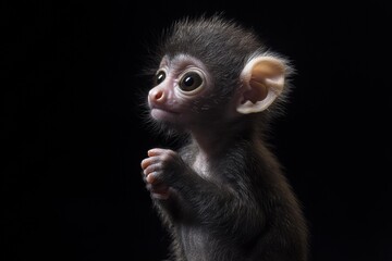 Obraz premium the beside view baby Galago primate standing, left side view, low angle, white copy space on right, Isolated on black Background