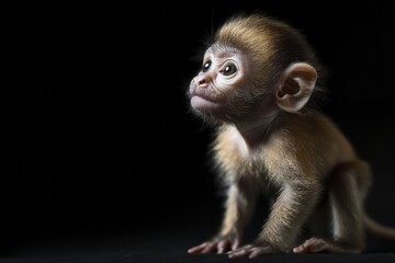 Fototapeta premium the beside view baby New World Monkeys primate standing, left side view, low angle, white copy space on right, Isolated on black Background